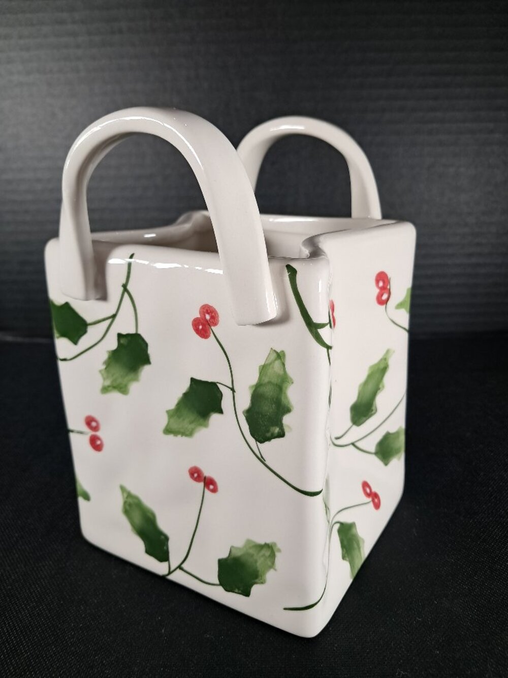 Vintage Century Holly Berry Porcelain Bag Vase Christmas Purse Planter